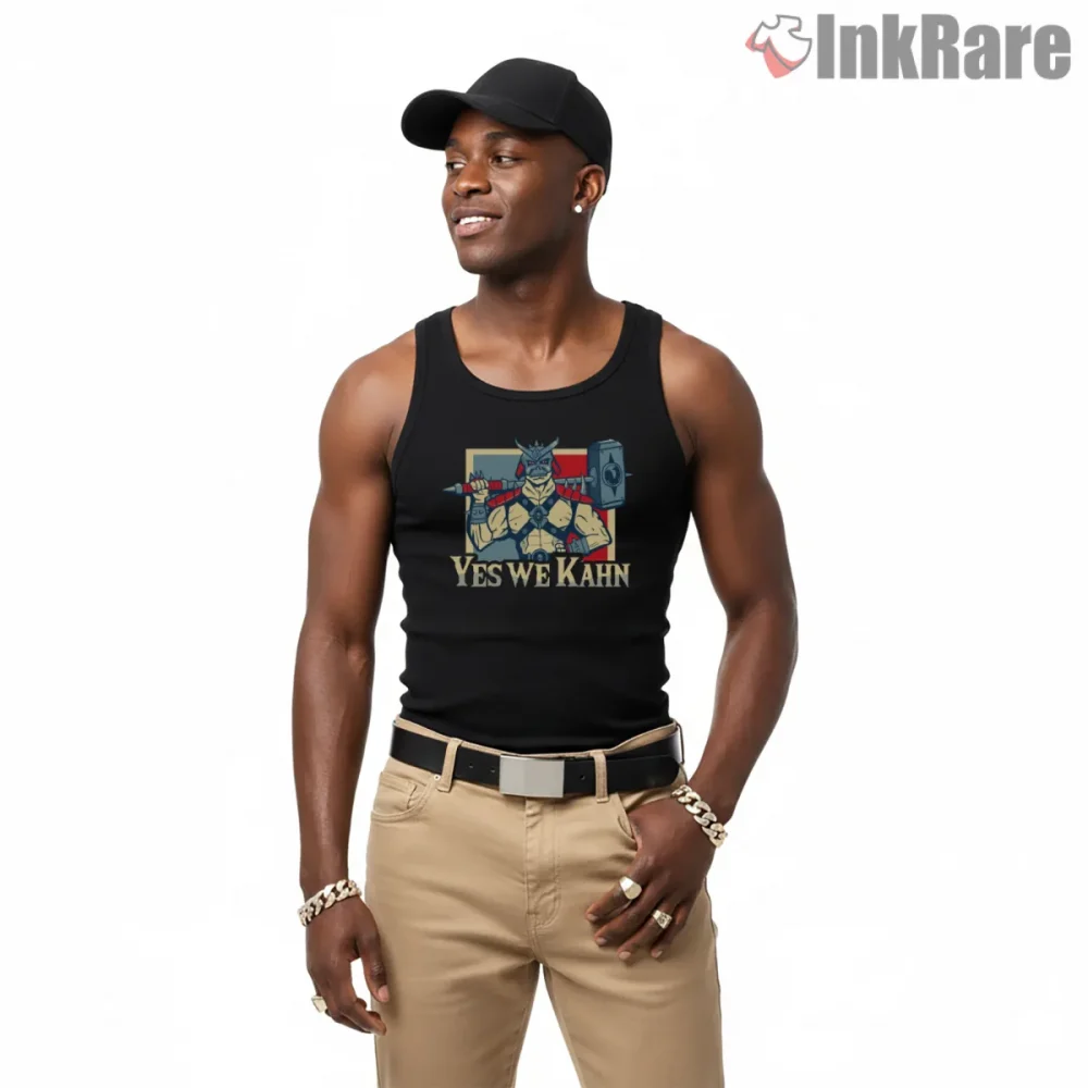 Mortal Kombat Shao Kahn Yes We Kahn Parody Shirt on black tank top for men graphic tee