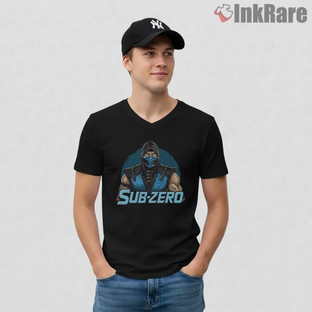 Mortal Kombat Sub Zero Bold Classic Fighter Shirt on black v-neck shirt for men graphic tee