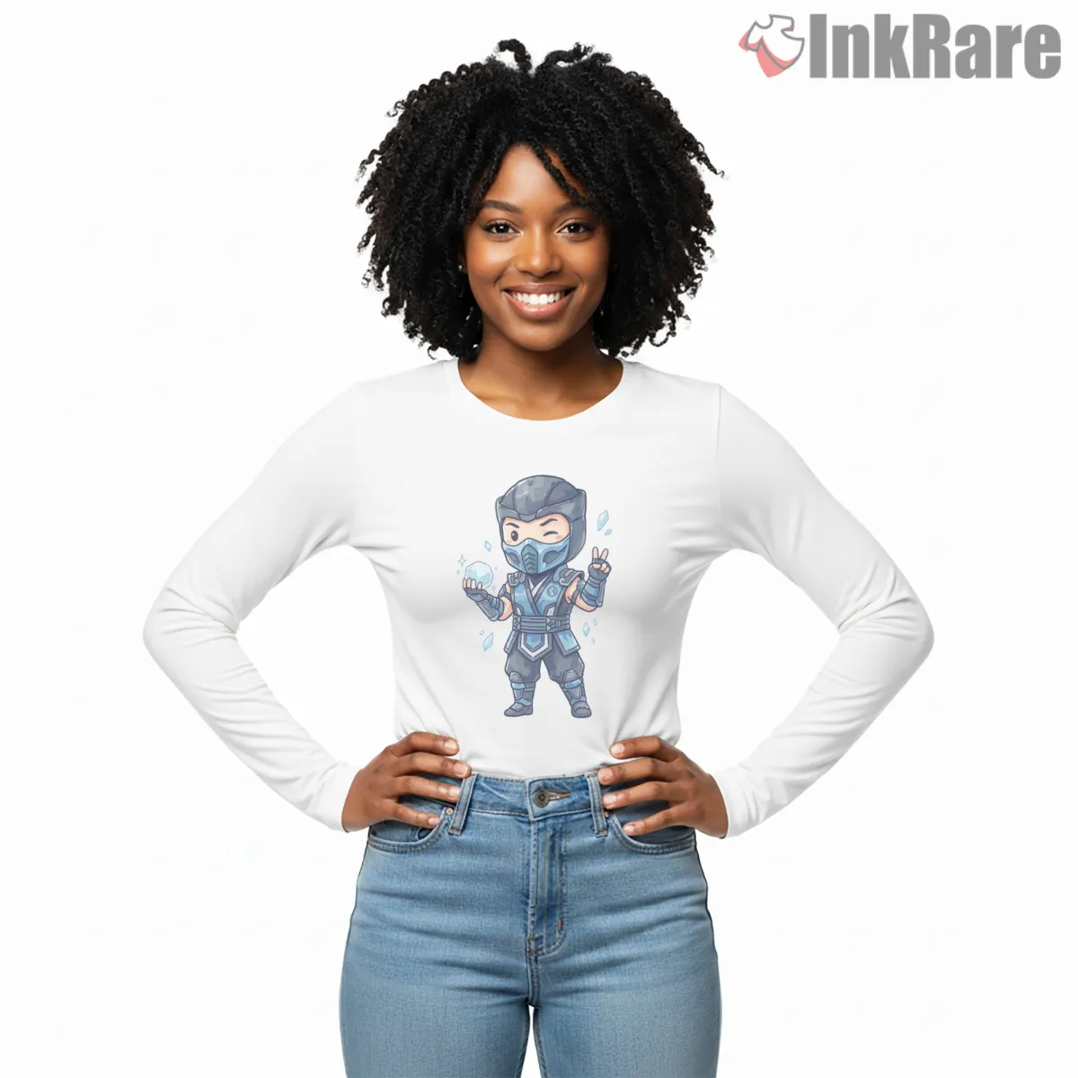 Mortal Kombat Sub Zero Chibi Ice Power Long Sleeve White Mortal Kombat Sub Zero Chibi Ice Power Shirt on white long sleeve shirt for women graphic tee