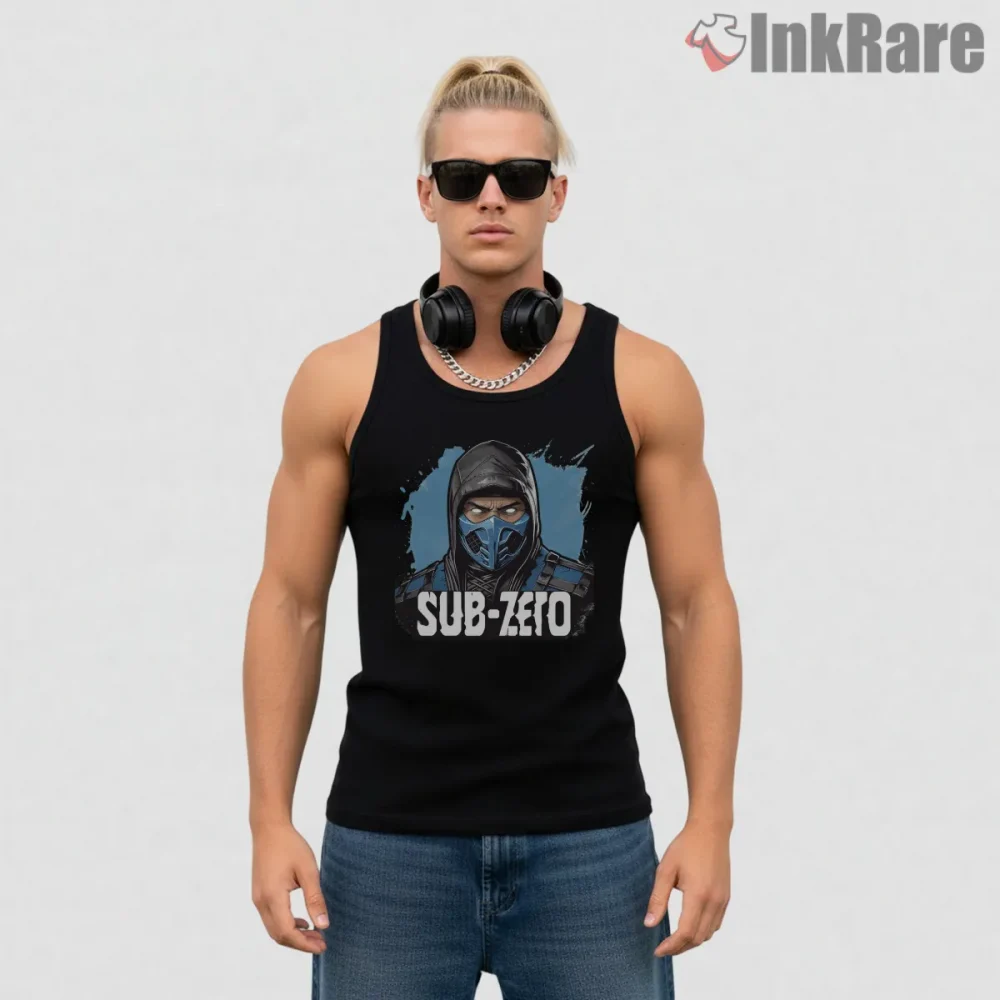 Mortal Kombat Sub Zero Cold Stare Portrait Shirt on black tank top for men graphic tee