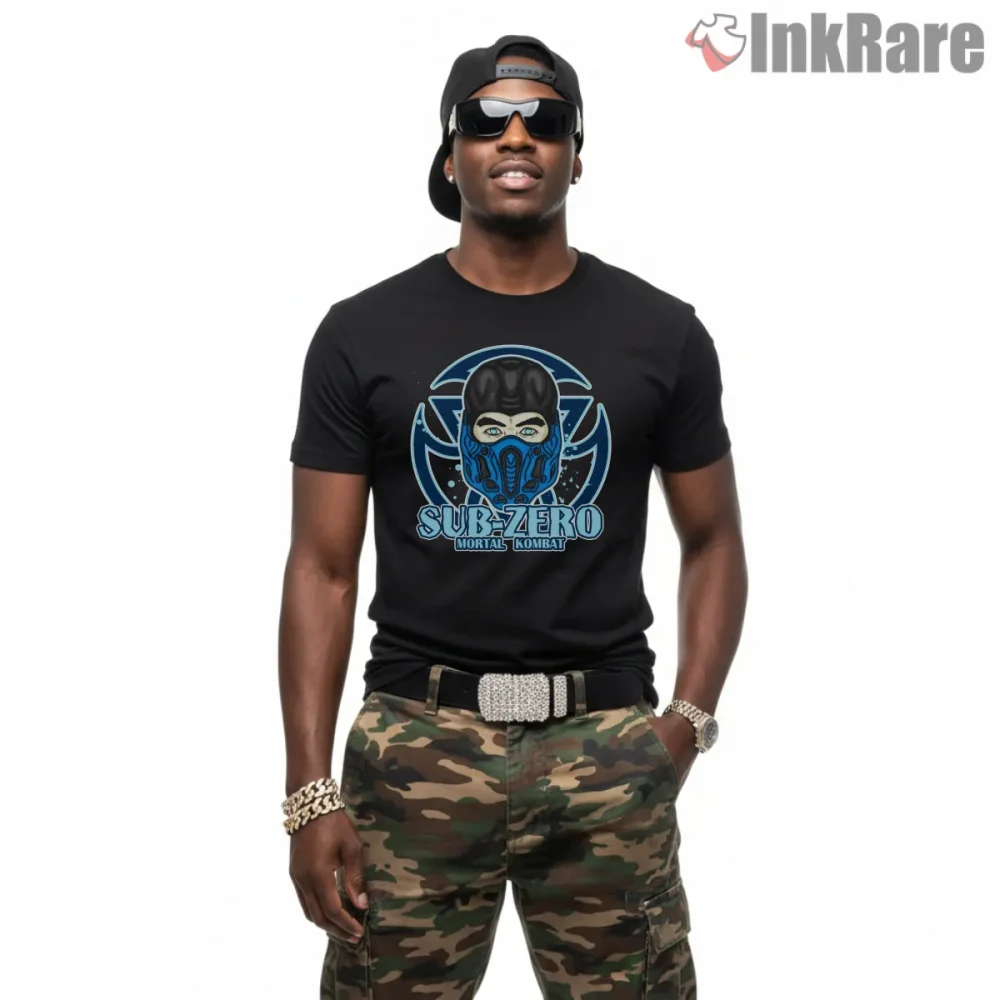 Mortal Kombat Sub Zero Mask Emblem Ice Warrior Shirt on black short sleeve shirt for men graphic tee