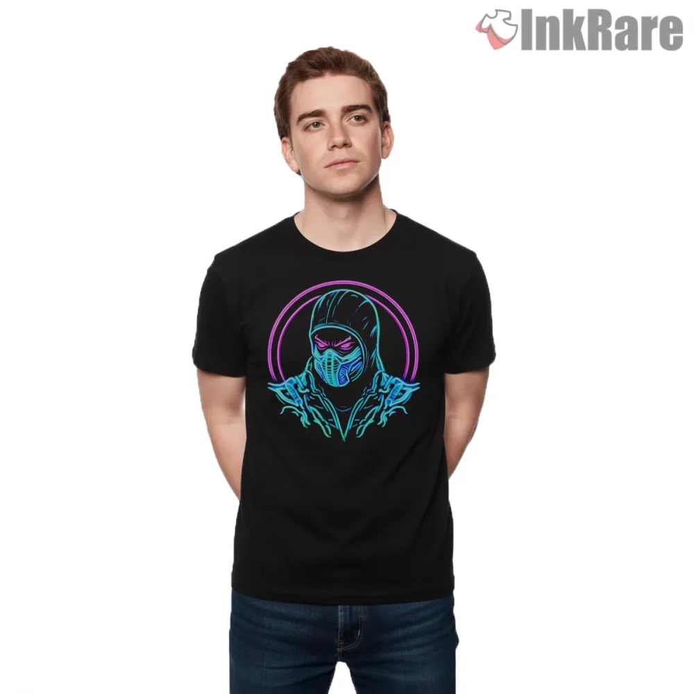 Mortal Kombat Sub Zero Neon Cyber Ice Shirt on black short sleeve shirt for men graphic tee