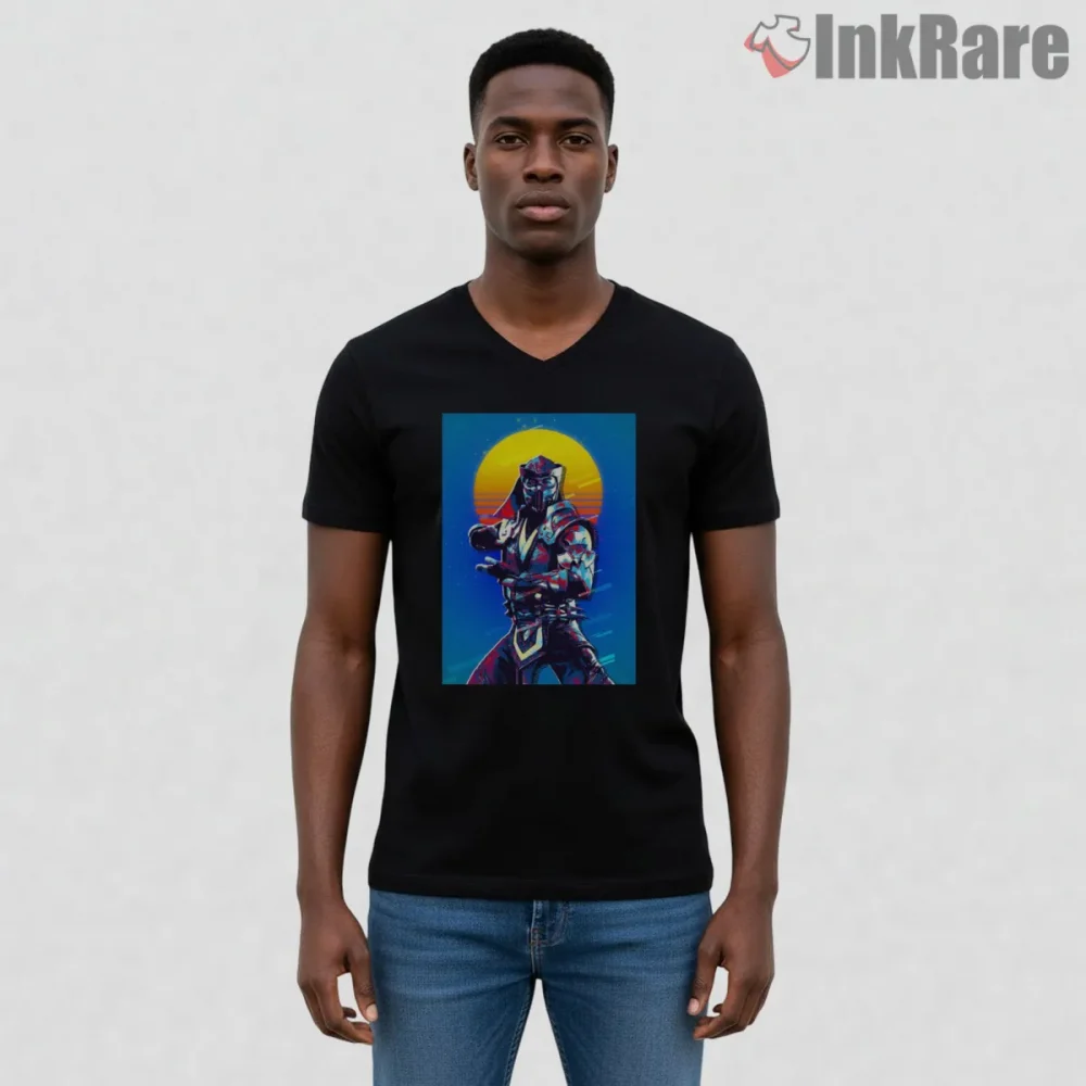 Mortal Kombat Sub Zero Neon Sunset Warrior Shirt on black v-neck shirt for men graphic tee