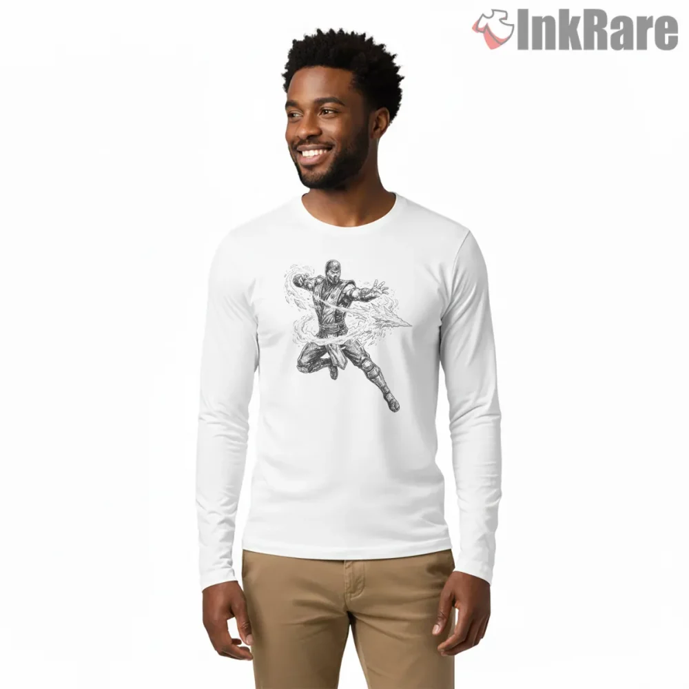 Mortal Kombat Sub Zero Polar Blast Ice Action Shirt on white long sleeve shirt for men graphic tee