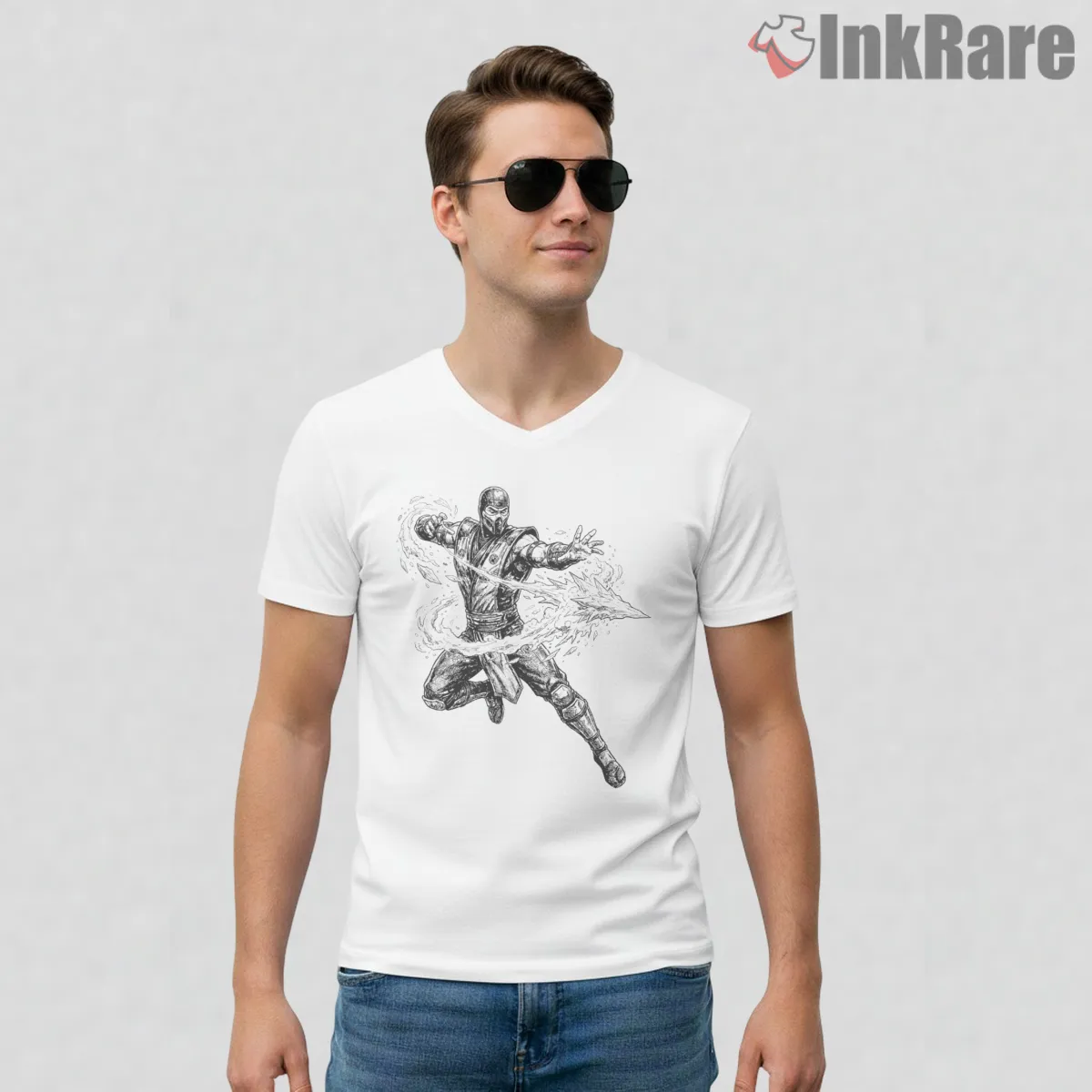 Mortal Kombat Sub Zero Polar Blast Ice Action V Neck White Mortal Kombat Sub Zero Polar Blast Ice Action Shirt on white v-neck shirt for men graphic tee
