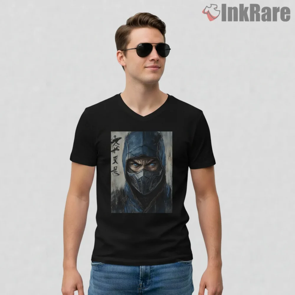 Mortal Kombat Sub Zero Realistic Ice Warrior Portrait Shirt on black v-neck shirt for men graphic tee