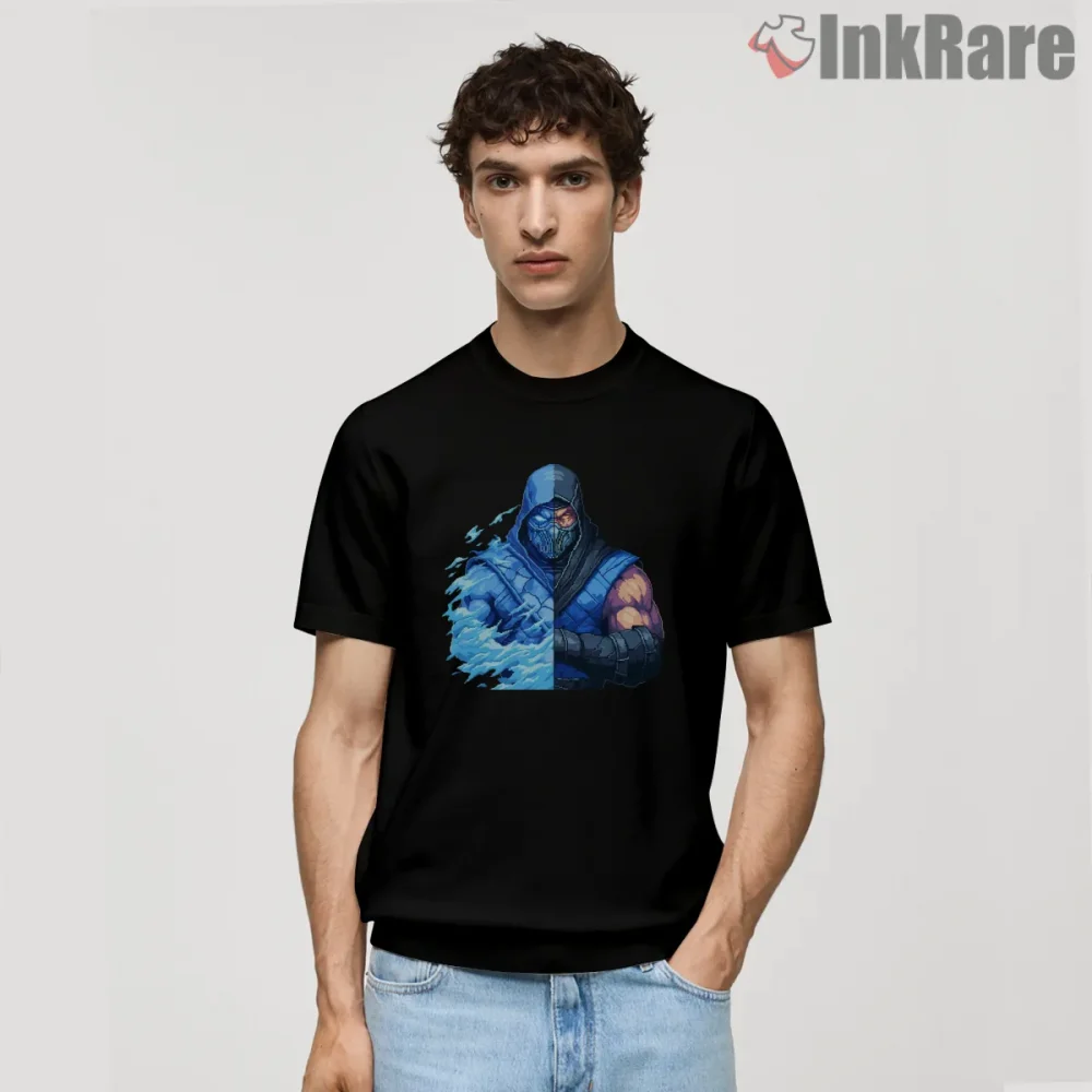 Mortal Kombat Sub Zero Split Ice Power Shirt on black short sleeve shirt for men graphic tee