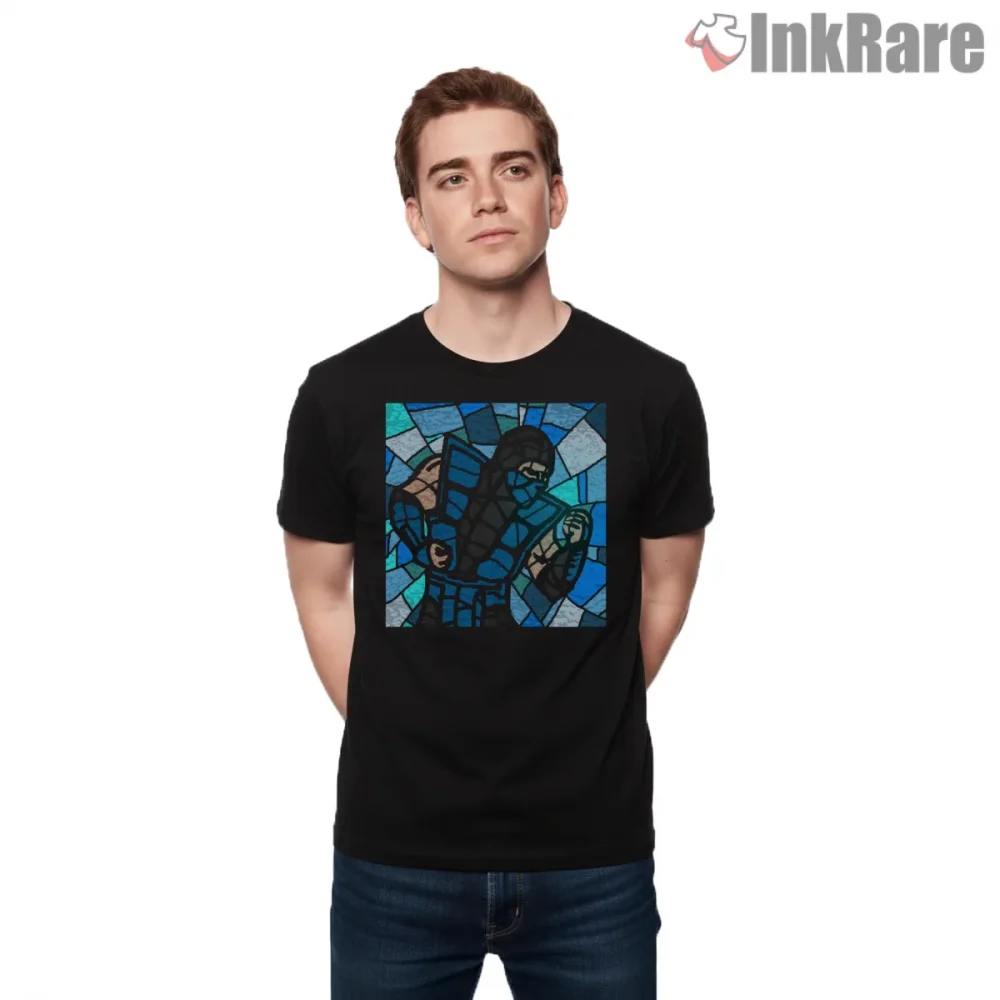 Mortal Kombat Sub Zero Stained Glass Ice Church Shirt on black short sleeve shirt for men graphic tee