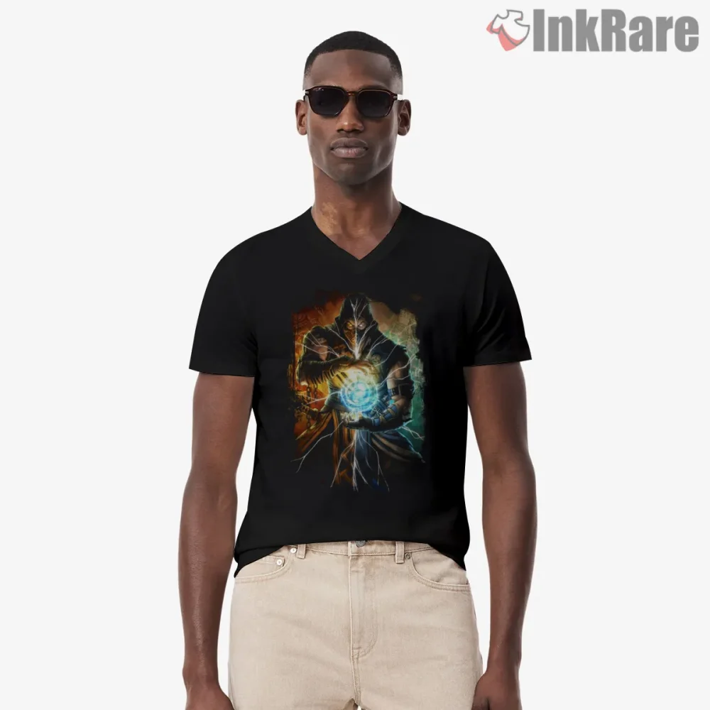 Mortal Kombat Sub Zero Vs Scorpion Element Clash Shirt on black v-neck shirt for men graphic tee