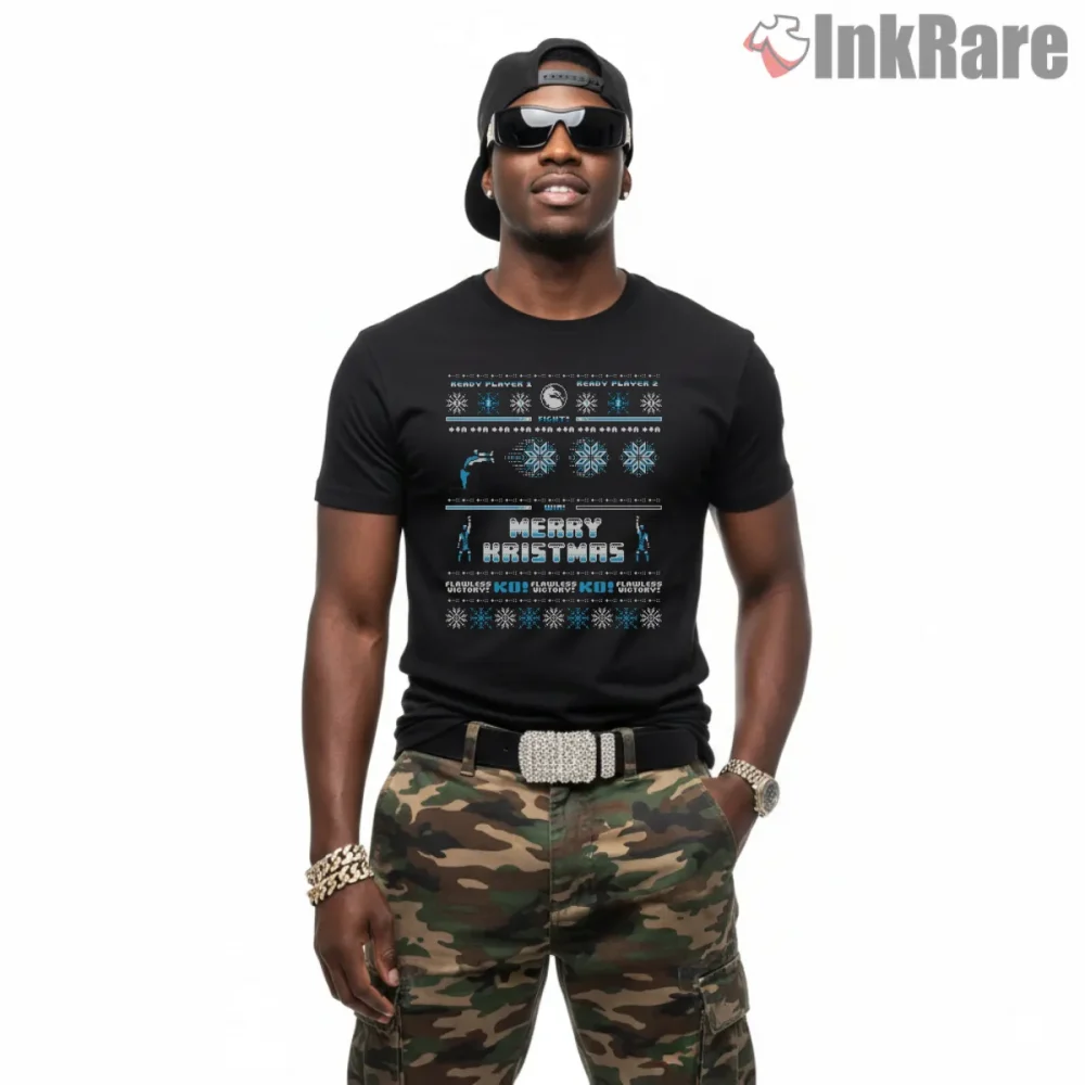 Mortal Kombat Sub Zero Winter Holiday Sweater Shirt on black short sleeve shirt for men graphic tee