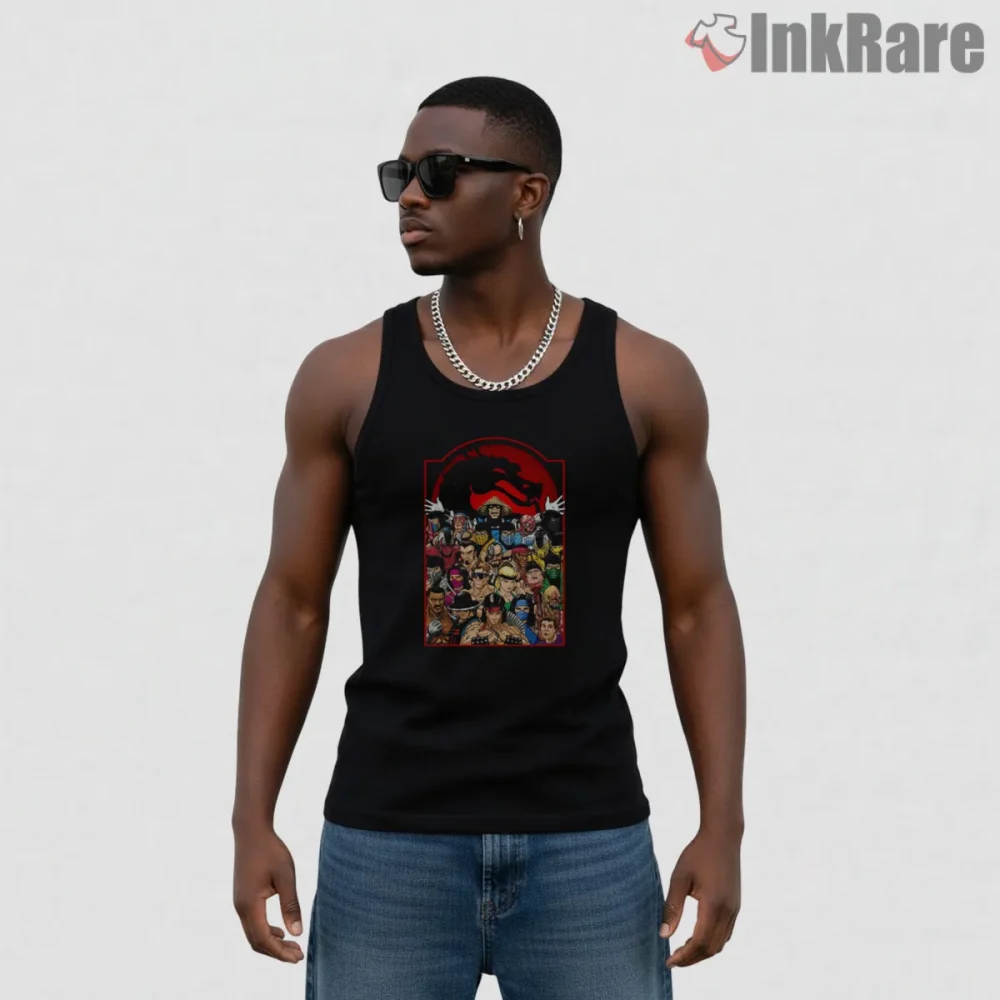 Mortal Kombat Ultimate Fighters Collage Gaming Shirt on black tank top for men graphic tee