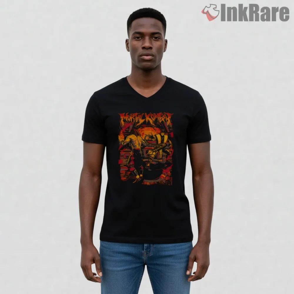 Mortal Kombat Vintage Anime Style Retro Fighter Shirt on black v-neck shirt for men graphic tee