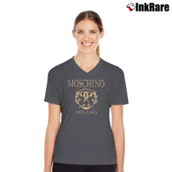Women’s Moschino Milano Logo Graphic V-Neck Tee in charcoal | Chic Neckline, Soft Texture