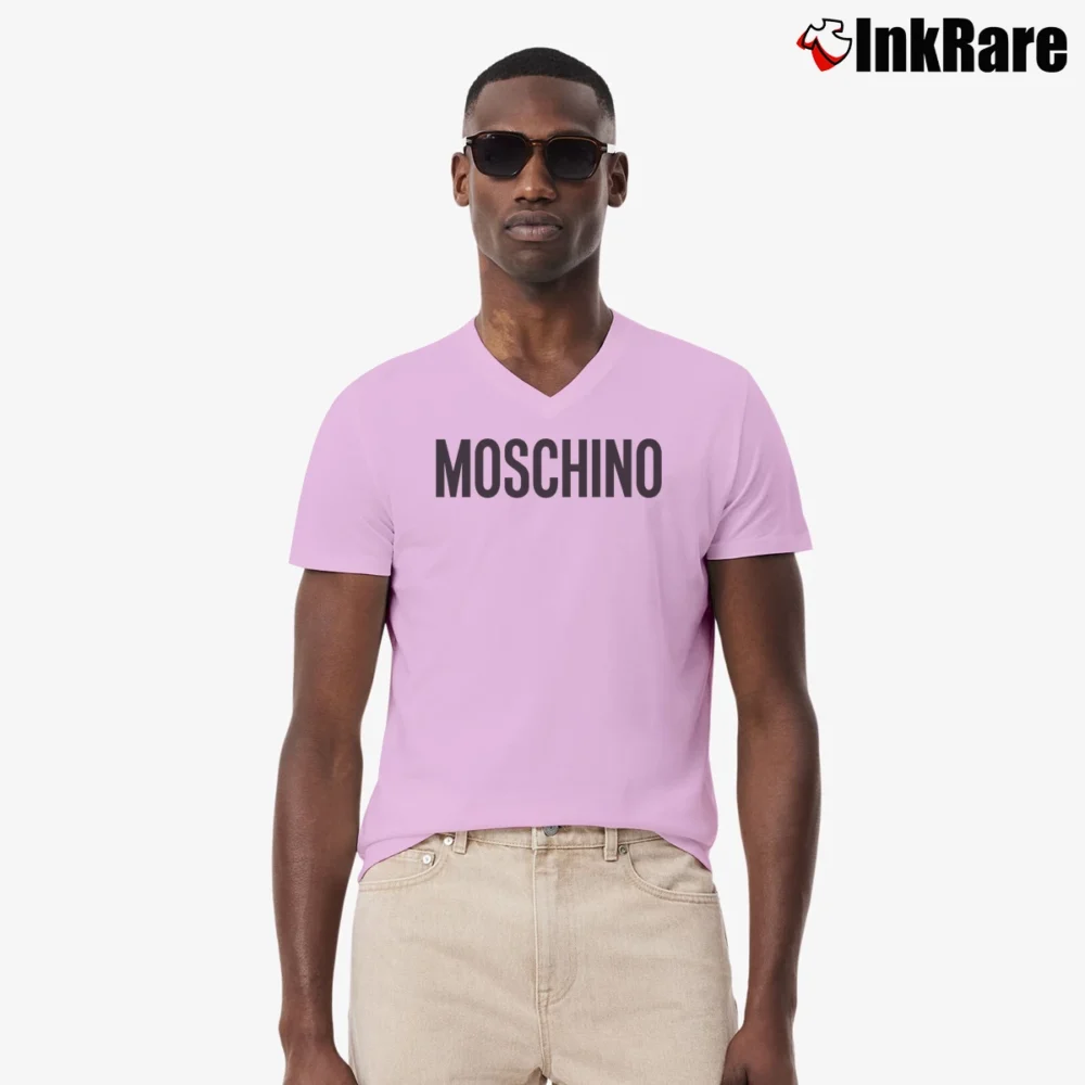 Men’s Moschino Printed Logo Fashion V-Neck Tee in light pink | Sharp, Breathable, Everyday Staple