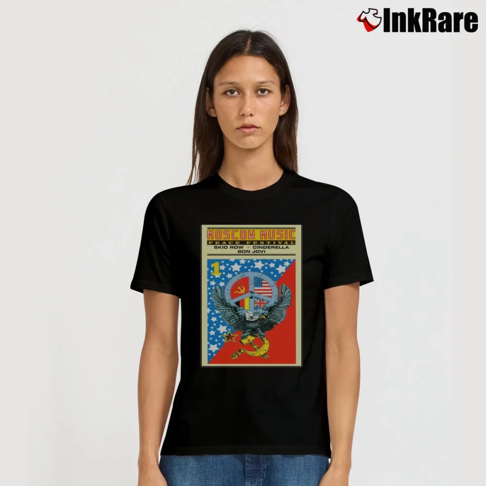 Women’s Moscow Music Festival Poster 80s Rock Motley Crue Bon Jovi Skid Row B24 Signature T-Shirt in black | Soft, Flattering Fit