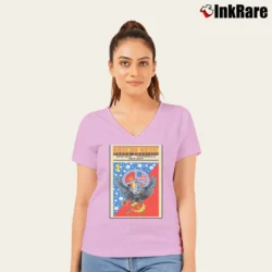 Women’s Moscow Music Festival Poster 80s Rock Motley Crue Bon Jovi Skid Row B24 V-Neck Tee in light pink | Chic Neckline, Soft Texture