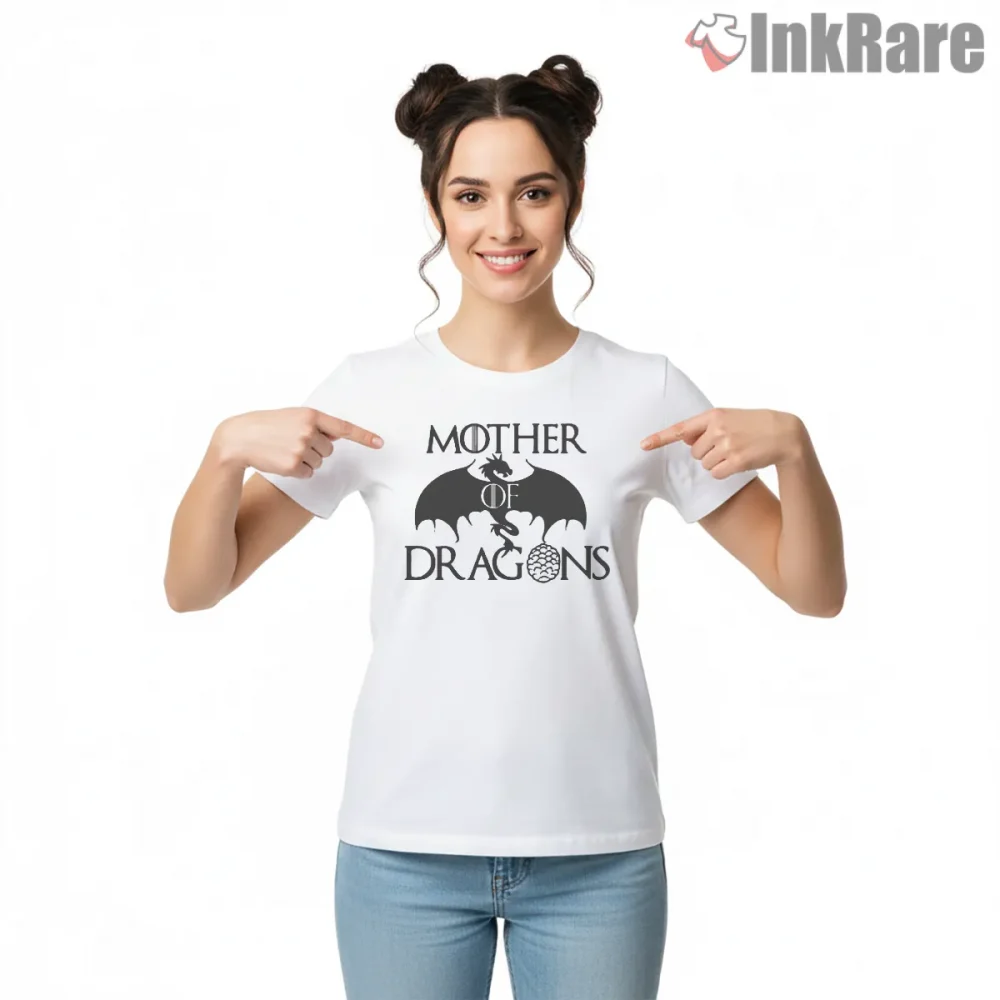 Mother Of Dragons Bat Wing Silhouette Text Shirt on white short sleeve shirt for women graphic tee
