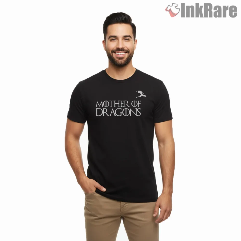Mother Of Dragons Minimalist Text Emblem Shirt on black short sleeve shirt for men graphic tee