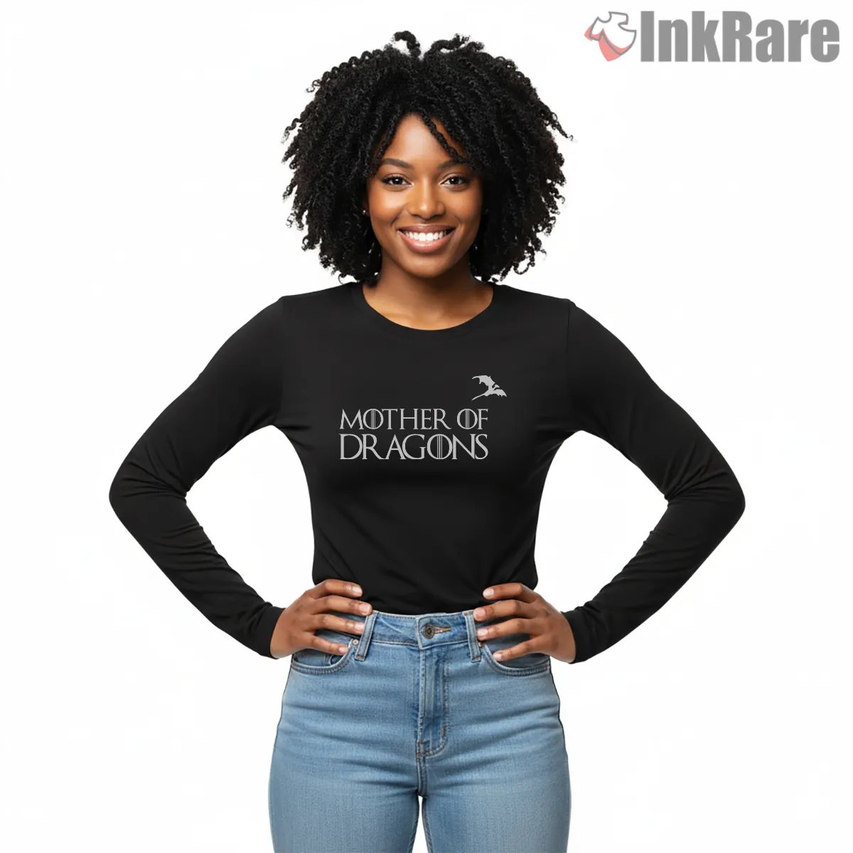 Mother Of Dragons Minimalist Text Emblem Long Sleeve Black Mother Of Dragons Minimalist Text Emblem Shirt on black long sleeve shirt for women graphic tee