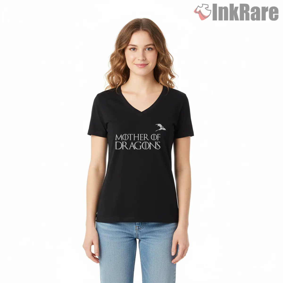 Mother Of Dragons Minimalist Text Emblem V Neck Black Mother Of Dragons Minimalist Text Emblem Shirt on black v-neck shirt for women graphic tee