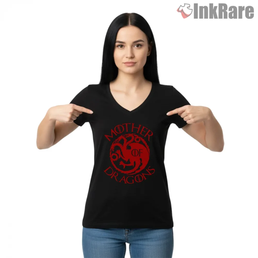 Mother Of Dragons Red Emblem Bold Circle Shirt on black v-neck shirt for women graphic tee