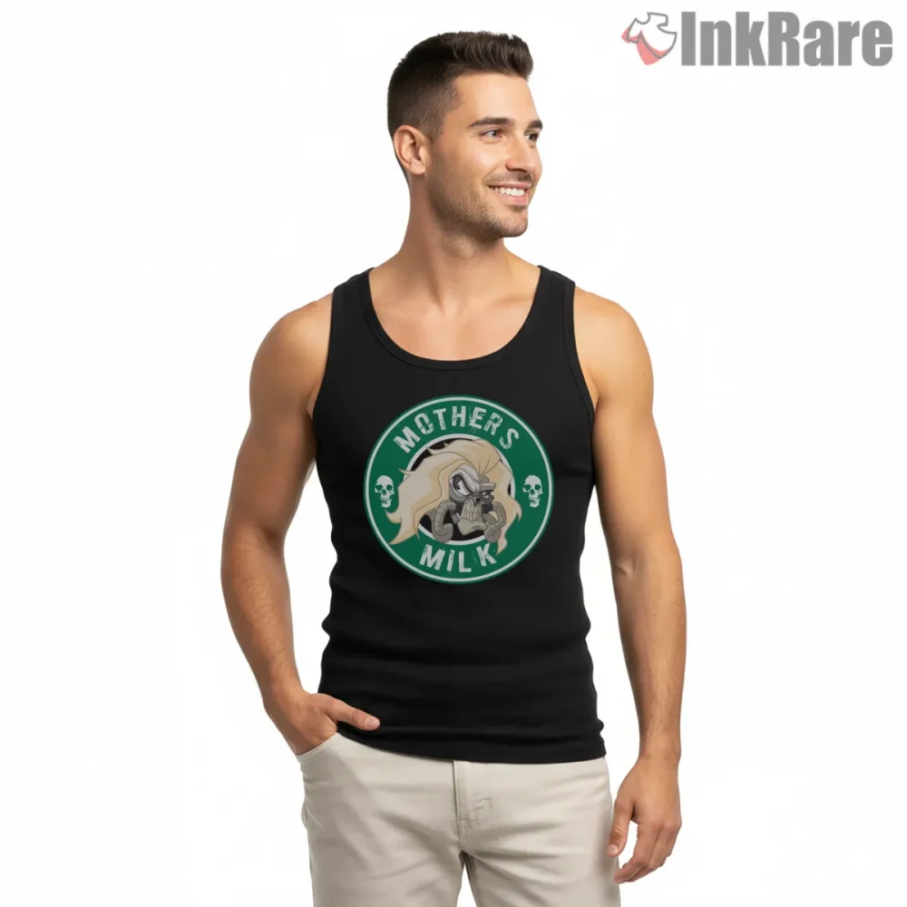 Mothers Milk Citadel Parody Coffee Logo Mad Max Shirt on black tank top for men graphic tee