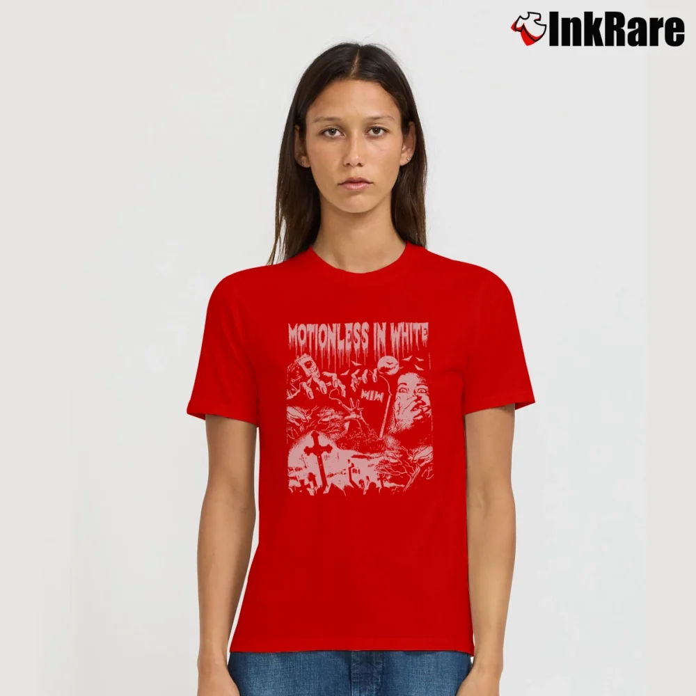 Women’s motionless in white graveyard shift metalcore band Signature T-Shirt in red | Soft, Flattering Fit
