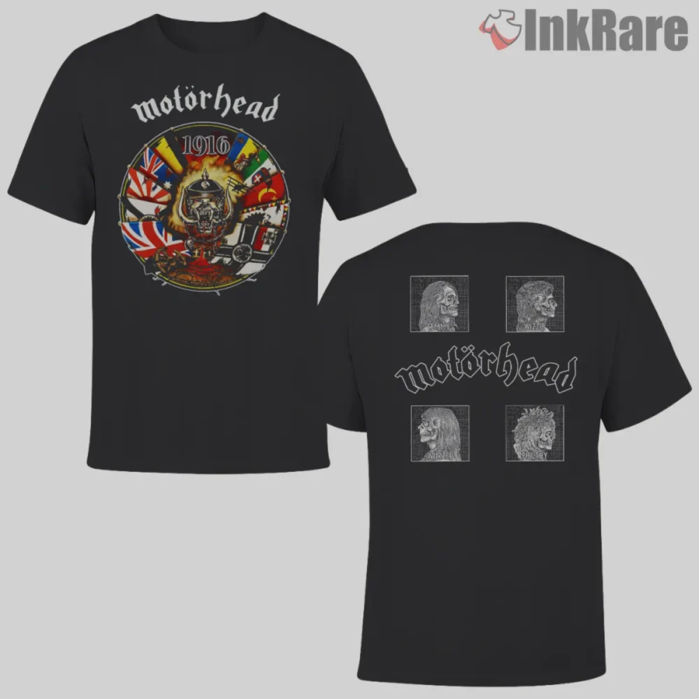 Motorhead 1916 Vintage Double Sided Shirt with era themed crest and flags on black tee
