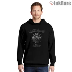 Black hoodie featuring Motorhead Bad Magic Tour Shirt emblem with badge style crest
