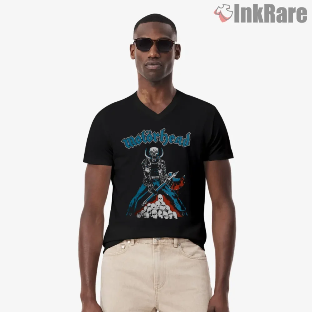 Motorhead Blood Axe Skull Vintage Shirt graphic on black V-neck