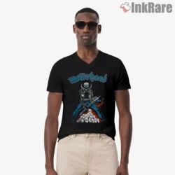 Motorhead Blood Axe Skull Vintage Shirt graphic on black V-neck