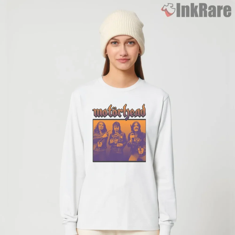 Motorhead Classic Band Photo Orange Stage Glow Shirt on white long sleeve shirt for women graphic tee