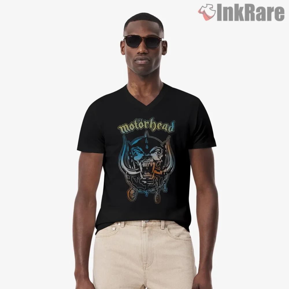 Motorhead Classic Warpig Chains Crest Nineties Shirt on black v-neck shirt for men graphic tee