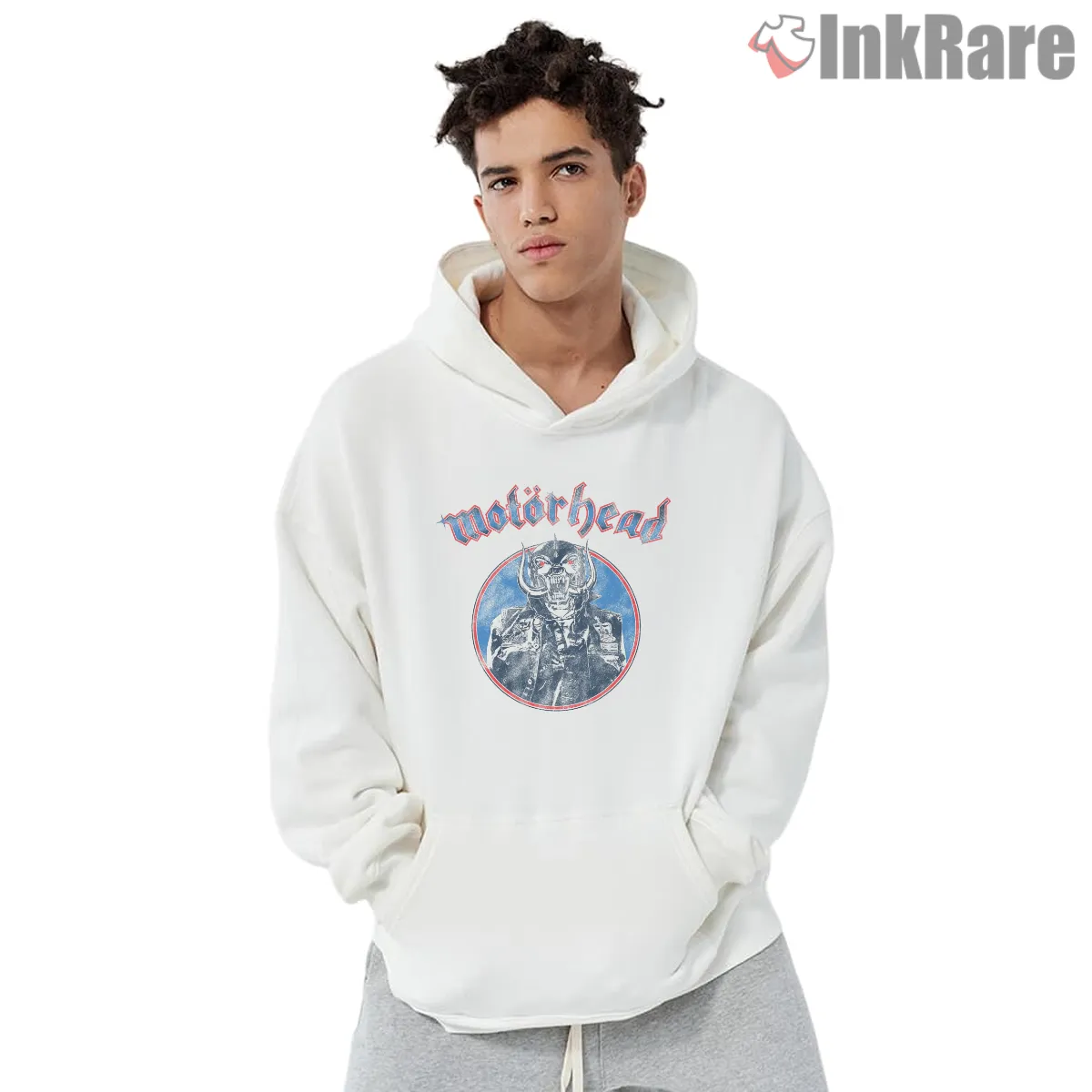 Motorhead Denim Skeleton Vintage Circle Logo Shirt on white hoodie for men graphic tee