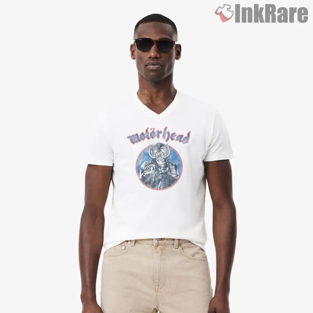 Motorhead Denim Skeleton Vintage Circle Logo Shirt on white v-neck shirt for men graphic tee
