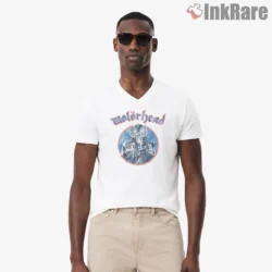 Motorhead Denim Skeleton Vintage Circle Logo Shirt on white v-neck shirt for men graphic tee