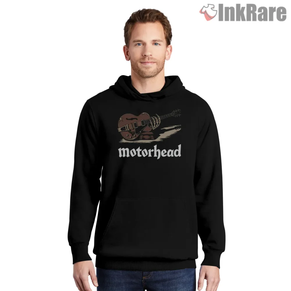 Motorhead Distressed Brown Guitar Logo Shirt on black hoodie for men graphic tee