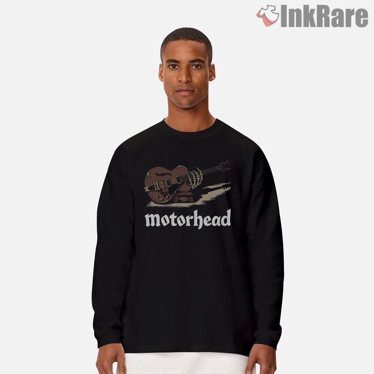 Motorhead Distressed Brown Guitar Logo Shirt on black long sleeve shirt for men graphic tee