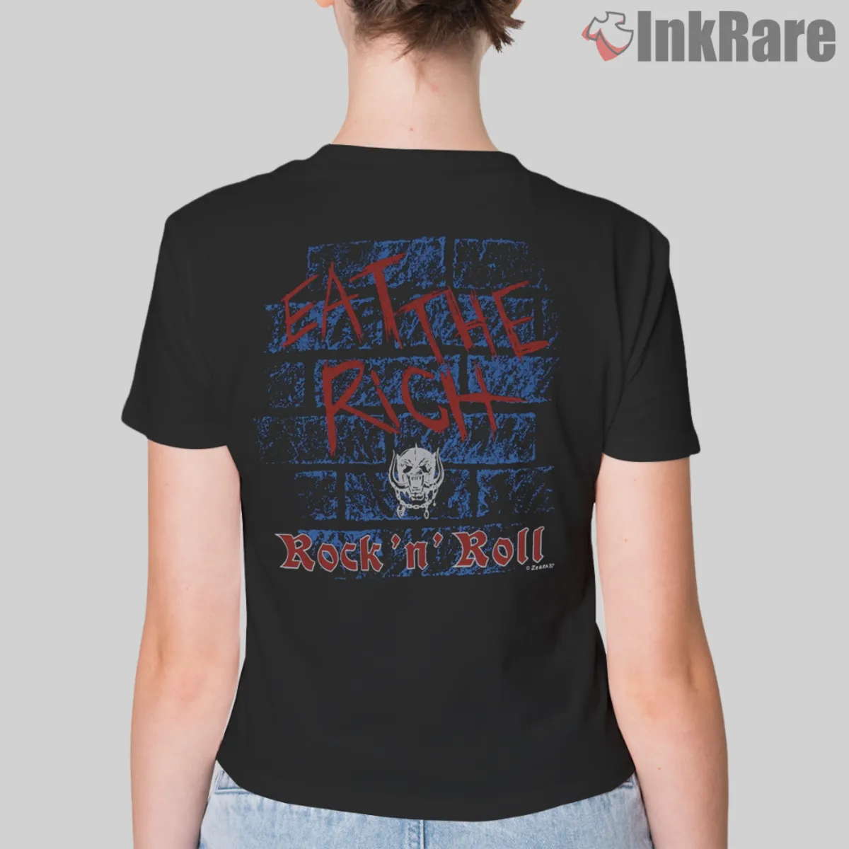 Eat The Rich Women Back Print Women back view with graffiti message and small crest
