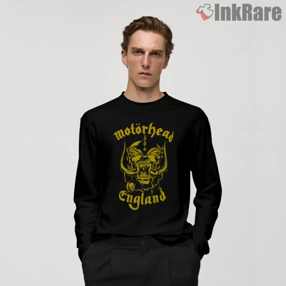 Motorhead England Tour Shirt with gold Warpig logo and England script on black tee