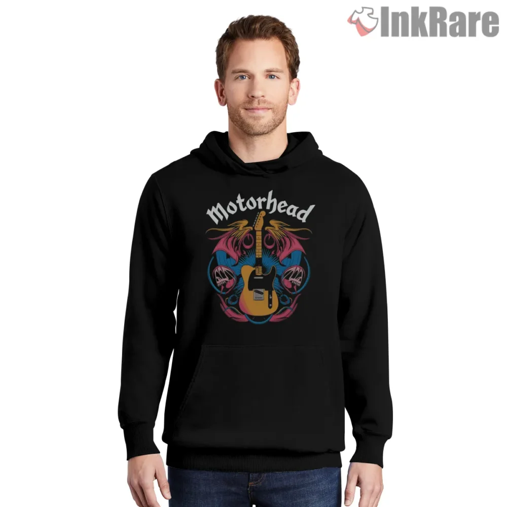 Motorhead Flaming Guitar Wings Color Tattoo Art Shirt on black hoodie for men graphic tee