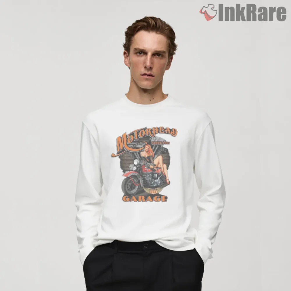 White long sleeve Motorhead Garage shirt with pin up motorcycle graphic