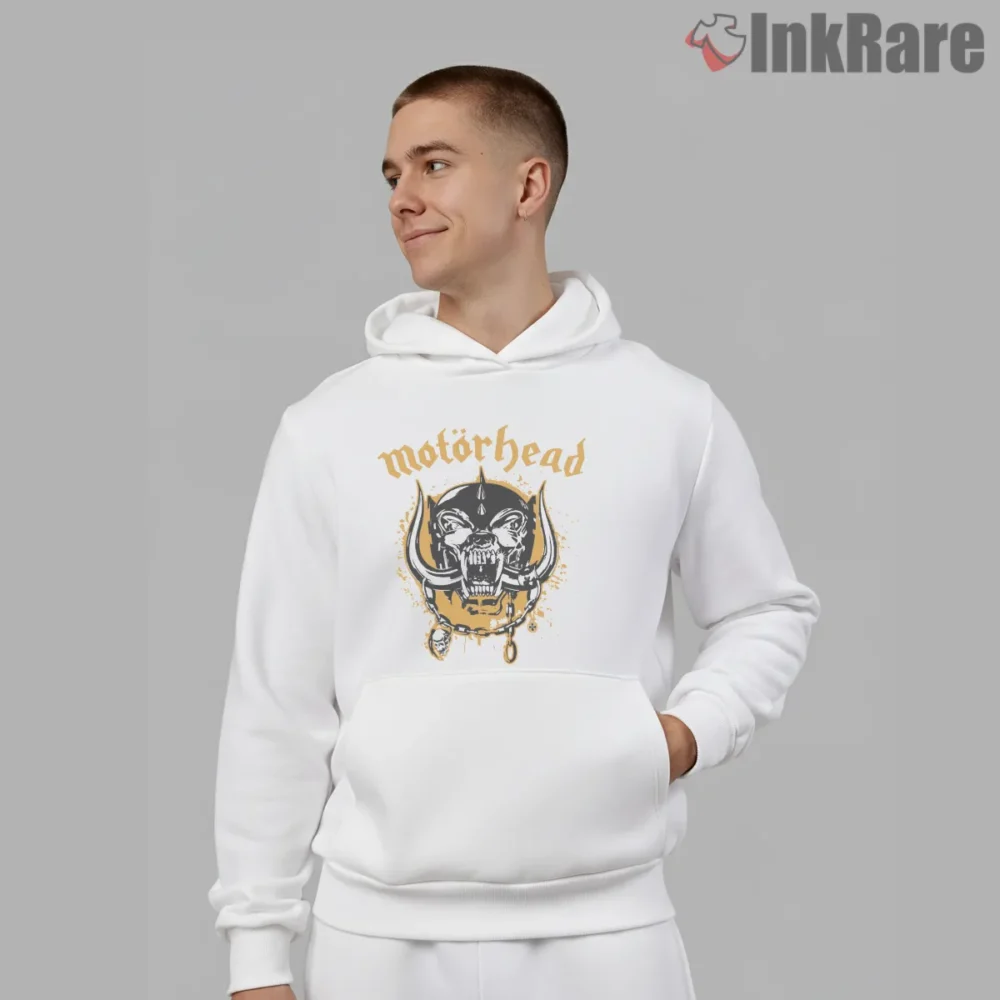 Motorhead Gold Warpig Splatter Ink Logo Shirt on white hoodie for men graphic tee