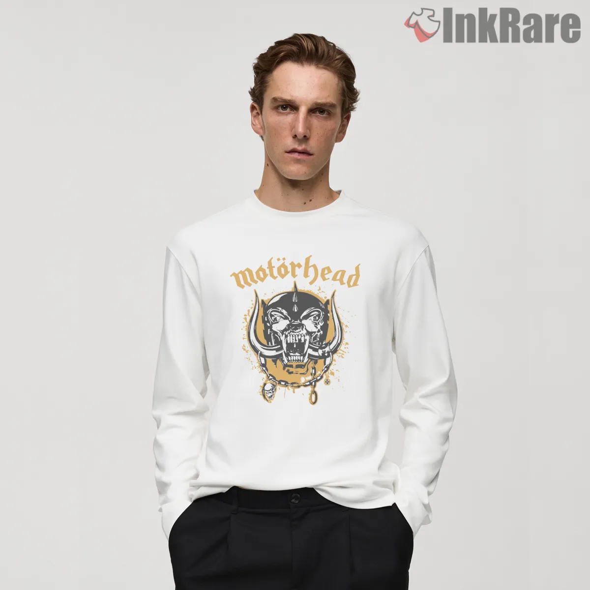 Motorhead Gold Warpig Splatter Ink Logo Shirt on white long sleeve shirt for men graphic tee