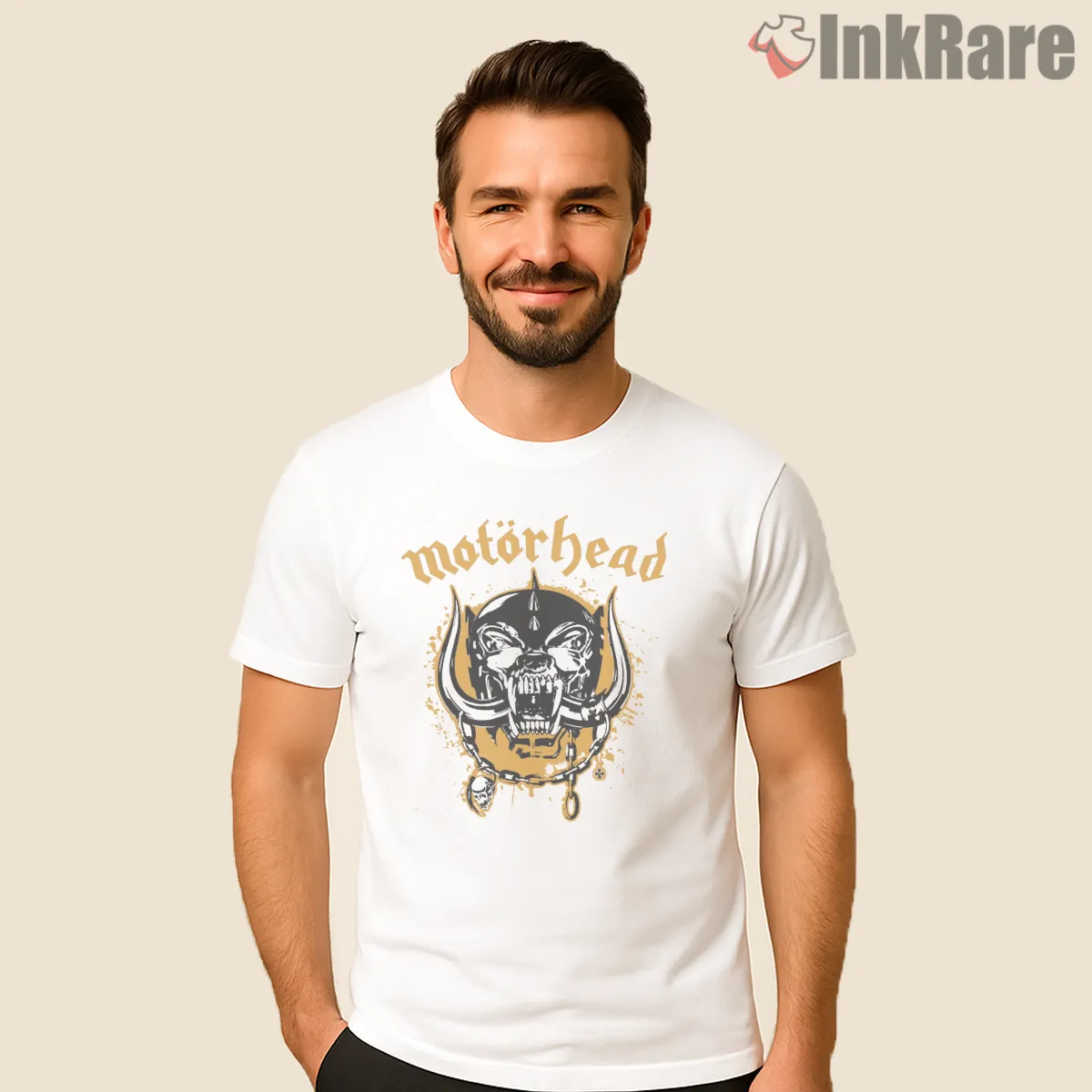 Motorhead Gold Warpig Splatter Ink Logo Short Sleeve White Motorhead Gold Warpig Splatter Ink Logo Shirt on white short sleeve shirt for men graphic tee