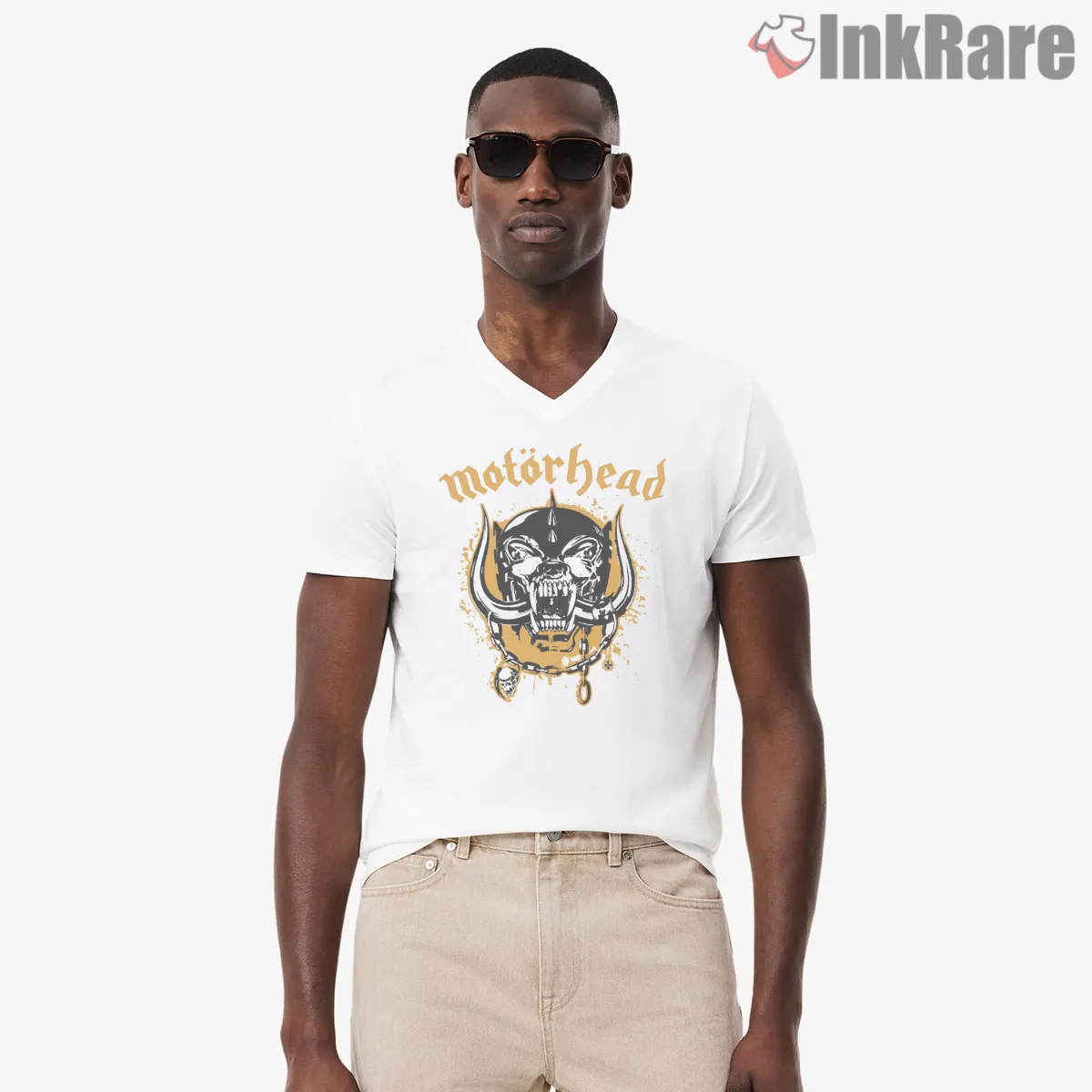Motorhead Gold Warpig Splatter Ink Logo V Neck White Motorhead Gold Warpig Splatter Ink Logo Shirt on white v-neck shirt for men graphic tee