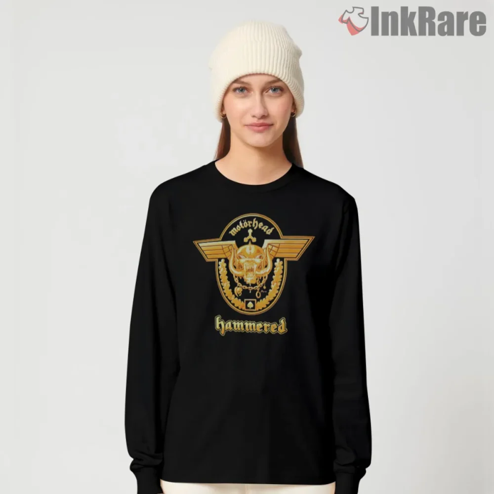 Motorhead Hammered Vintage Shirt with gold crest and winged emblem on black tee