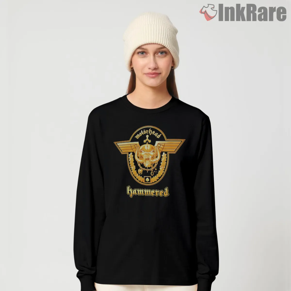 Motorhead Hammered Vintage Shirt Front Motorhead Hammered Vintage Shirt with gold crest and winged emblem on black tee