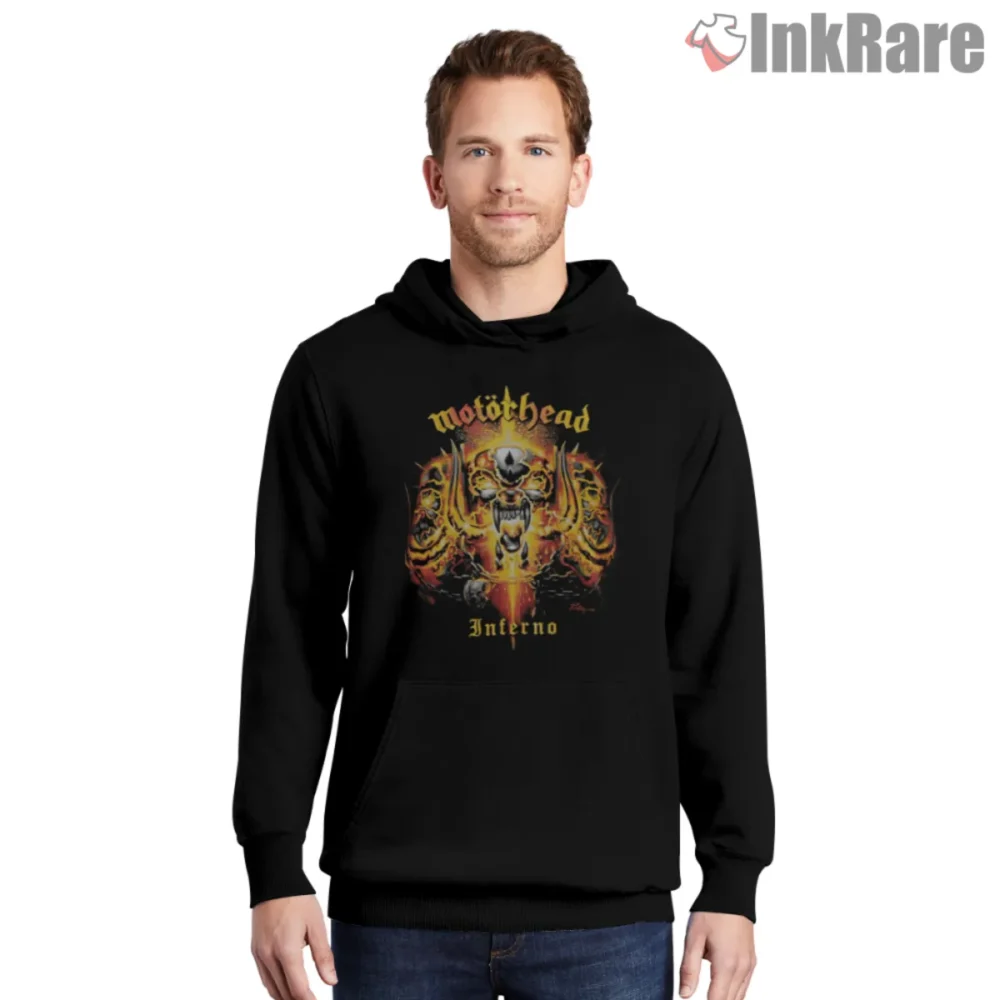 Motorhead Inferno Vintage Shirt with blazing mascot in yellow and red on black hoodie