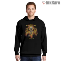 Motorhead Inferno Vintage Shirt with blazing mascot in yellow and red on black hoodie